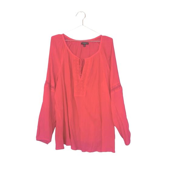 Lane Bryant Tops - Lane Bryant Pink Crochet Keyhole Peasant Blouse Long Sleeve